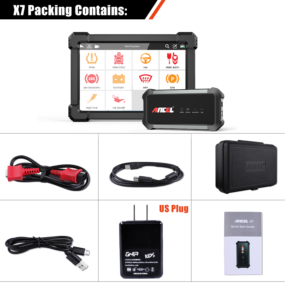 ANCEL X7 Package List: 1 x 10.1-inch tablet, 1 x USB Cable, 1 x OBDII Cable, 1 x User Manual, 1 x Data Cable, 1 x US Plug, 1 x ANCEL X7 VCI