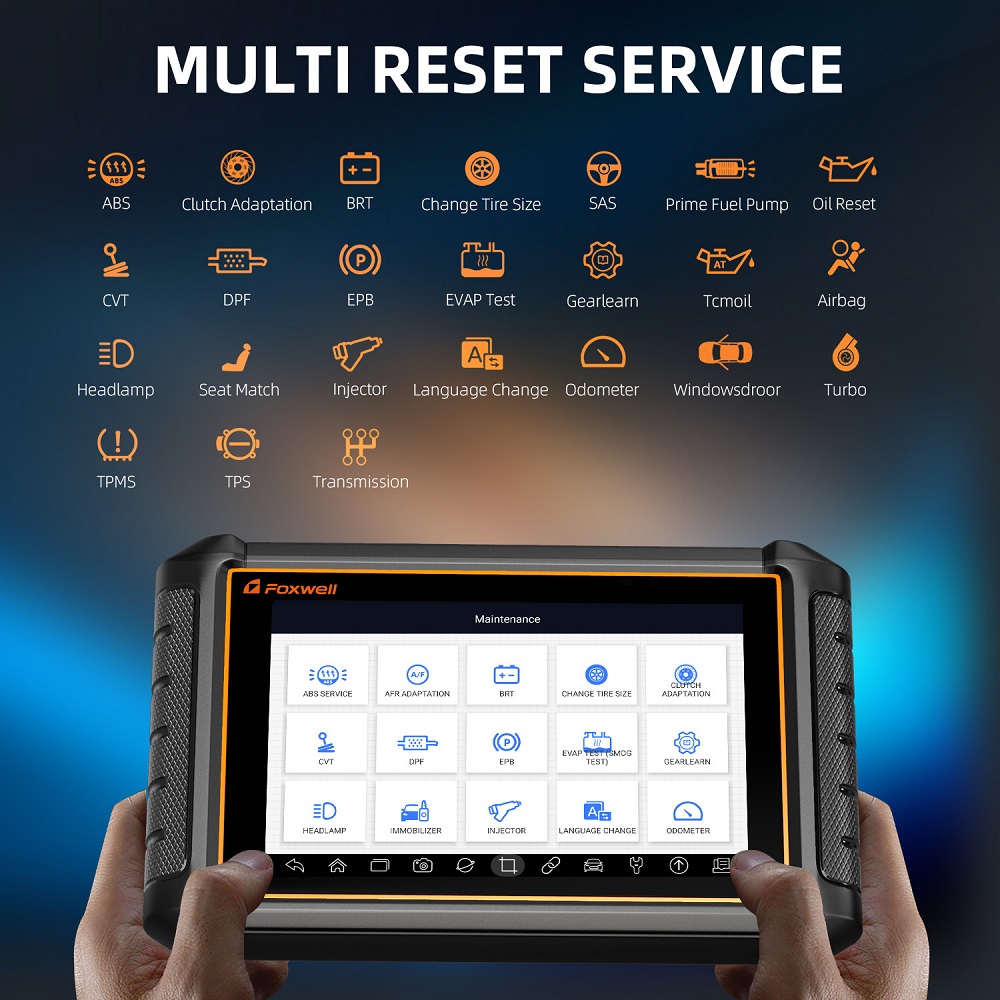 FOXWELL GT65 supports multi reset service: ABS, Clutch Adaptation, BRT, Change Tire Size, SAS, Prime Fuel Pump, Oil Reset, CVT, DPF, EPB, EVAP Test, Gearlearn, Tcmoil, Airbag, Headlamp, Seat Match, Injector, Turbo, TPMS, TPS, Windowsdroor